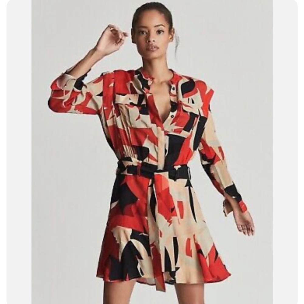 New! Reiss Theo patterned tie waist long sleeve shirt dress 13883